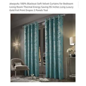 always4u Blackout Soft Velvet Curtains 95” Long Gold Foil Print Set Of 2 Teal